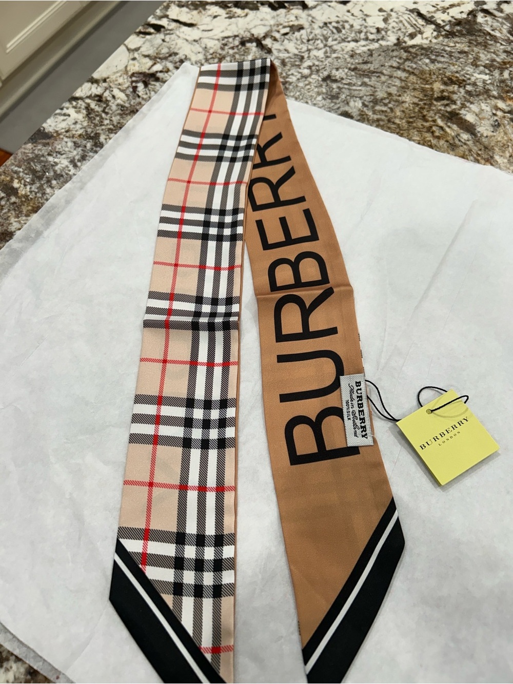 Burberry Beige and Black Check Silk Scarf Tie with Camel Logo Panel
